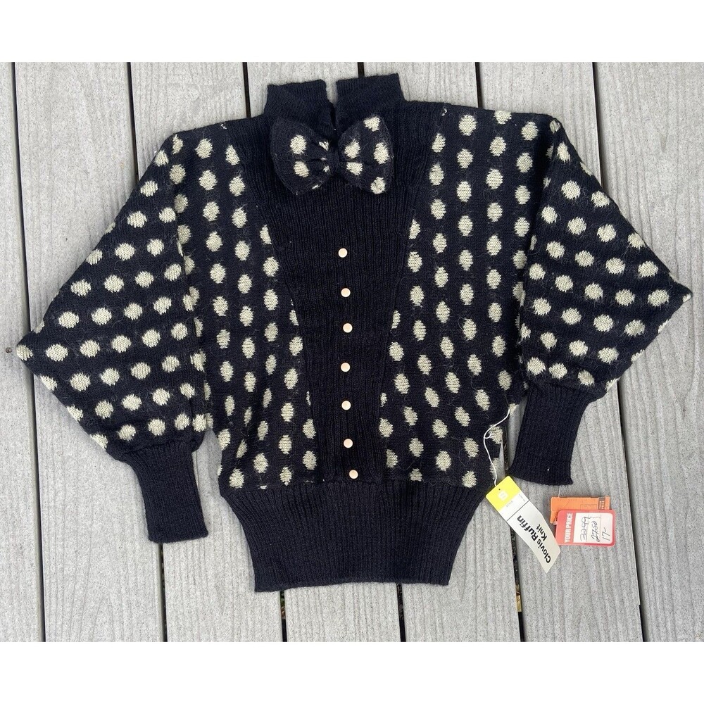 Vintage Clovis Ruffin Knit Sweater S Black Polka Dot Batwing Bow NOS NWT